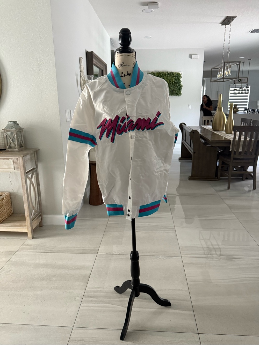 STARTER White Miami Satin Bomber Jacket with Pink & Teal Trim